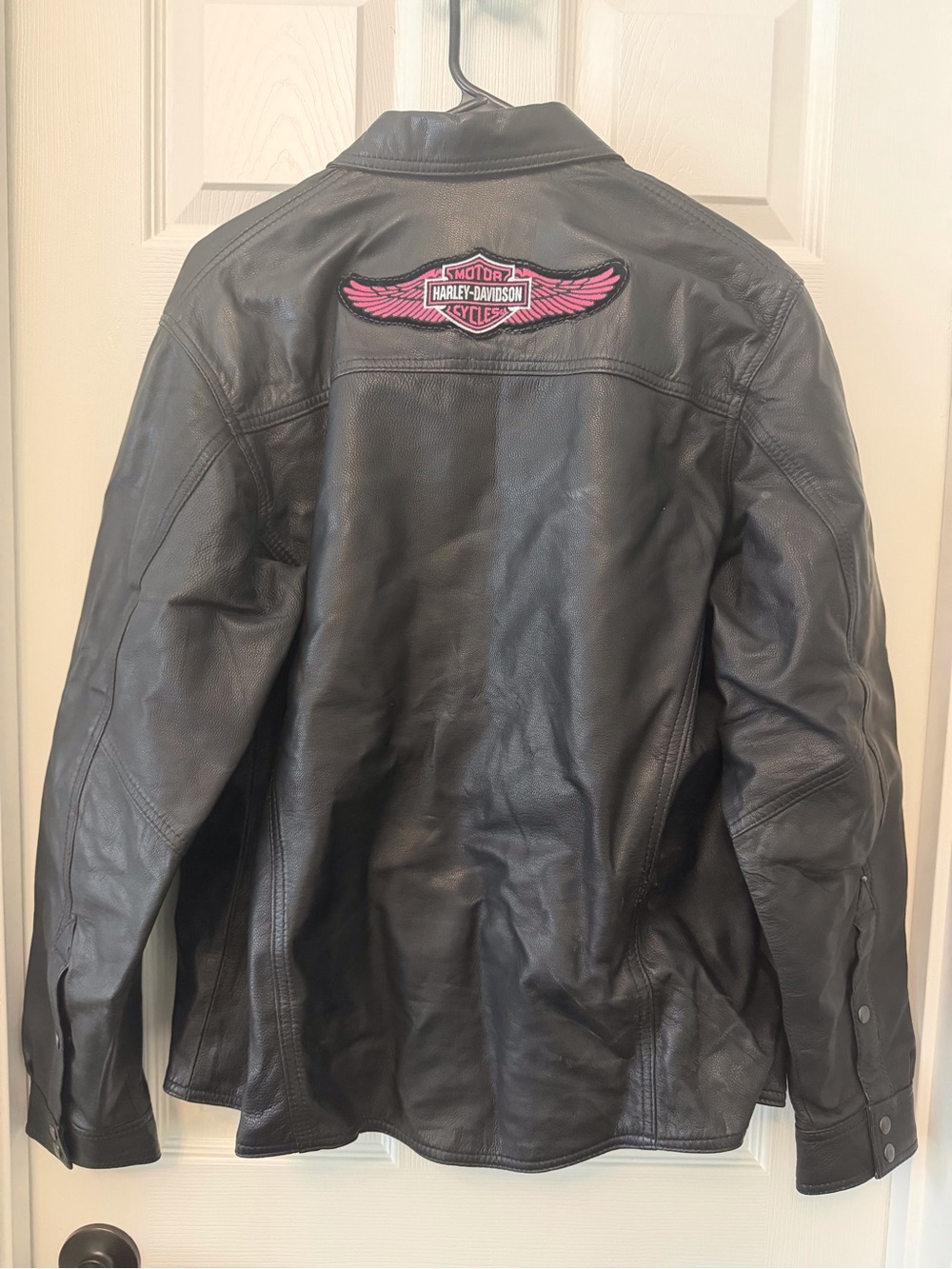MOTO Black Leather Shirt Jacket XL Harley-Davidson Pink Wing Patch